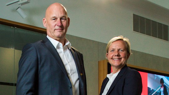 Super Retail Group’s incoming CEO Paul Bradshaw and chairwoman Judith Swales at the company AGM in Brisbane on Thursday.