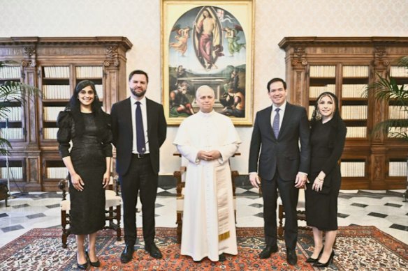 Pope Leo XIV meets with JD and Usha Vance and (right) Secretary of State Marco Rubio and wife Jeanette Dousdebes Rubio in May 2025 in the Vatican.