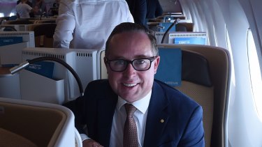 Alan Joyce taking an Airbus A350-1000 for a test flight around Sydney in February 2018.