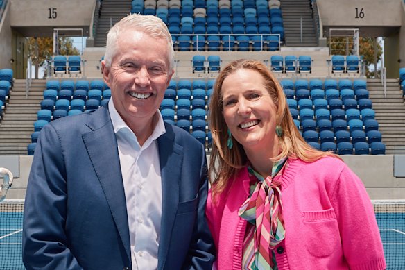 Australian Open tournament director Craig Tiley at Melbourne Park on Tuesday with Jo Horgan, of event partner MECCA.