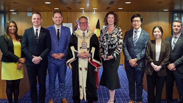 Councillors Raj Doshi, Liam Gobbert, Adam Pacan, Lord Mayor Bruce Reynolds, Catherine Lezer, Viktor Ko, Lisa Ma and Chris Patton. 