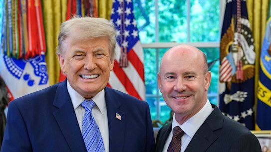 Australia&rsquo;s ambassador to the US, Greg Moriarty in a formal ceremony to present his credentials to President Donald Trump in the Oval Office last month.