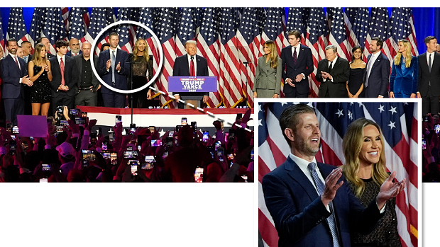 Eric and Lara Trump join the large family and campaign staff on stage on Wednesday.
