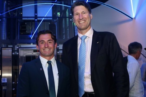 Winter Olympics gold medallist Cooper Woods with John Eales, World Cup-winning Wallabies captain.