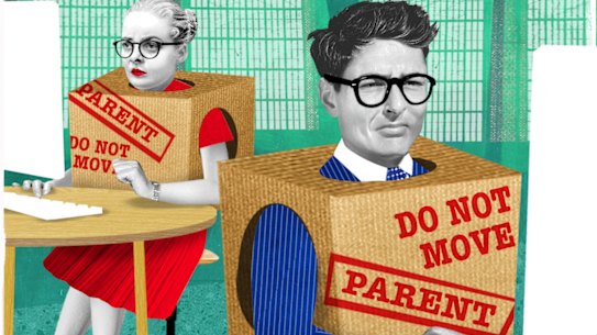 Parents boxed in at work.