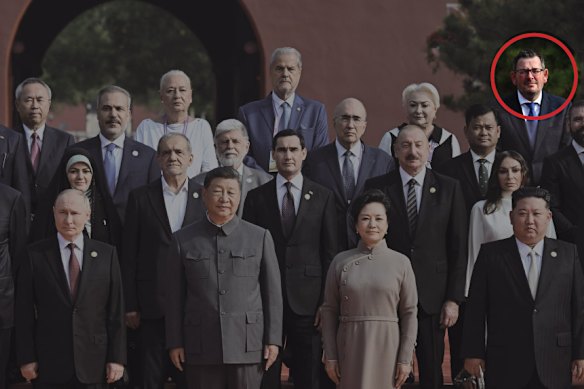 Former Victorian premier Daniel Andrews poses for a photo with political leaders, including Russia’s Vladimir Putin, China’s Xi Jinping and North Korea leader Kim Jong-un, ahead of a Chinese military parade in Beijing on Wednesday.