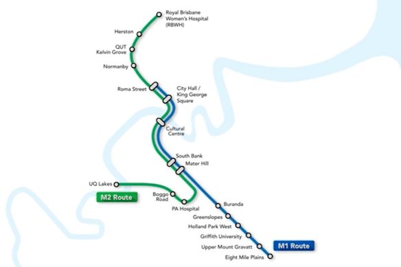 A map detailing the Brisbane Metro routes. 