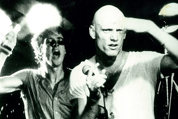 Rob Hirst and Peter Garrett at a Midnight Oil show in the early 1980s.