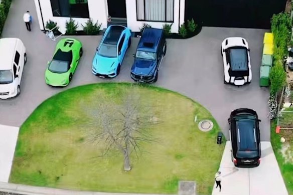 A fleet of luxury cars outside Micky Ahuja’s mansion.