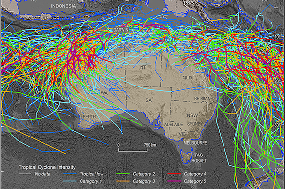 Historical tropical cyclone activity across Australia between 1981 and 2017.