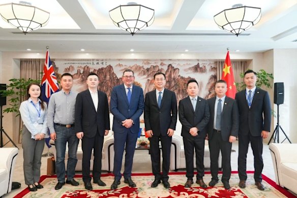 Former Victorian premier Daniel Andrews and his adviser Marty Mei meet with the Chairman of China Energy Engineering International Lyu Zexiang last year. 