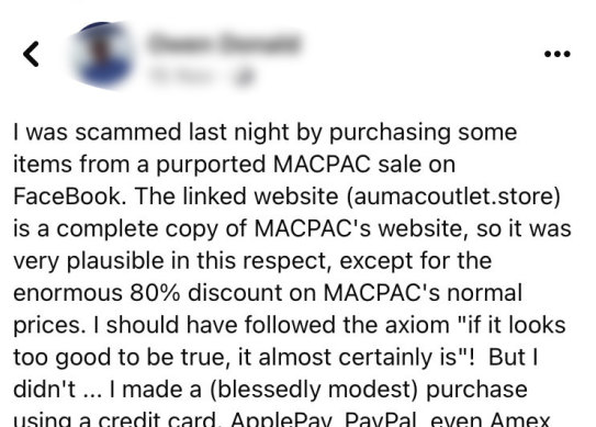 A Fb person complains about falling for a sale marketed on a false Macpac online internet page.
