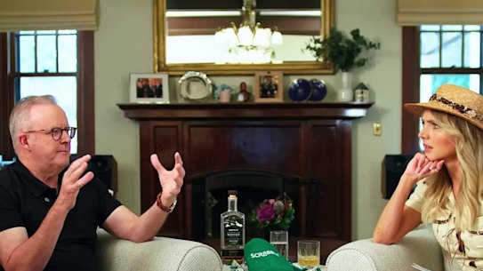 Prime Minister Anthony Albanese with Nikki Osborne on the Bush Deep comedy podcast last week.