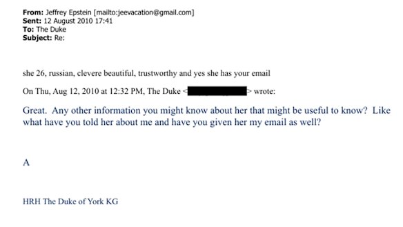 The email exchange between Epstein and “The Duke” who appears to be Andrew Mountbatten-Windsor.