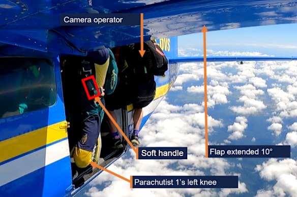 The parachutist was climbing out of the plane’s side door when the handle for their reserve parachute snagged on the wing flap.