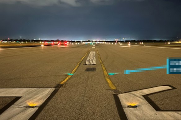 The view from Perth’s runway 06, showing lights on the edges but not in the centre. 