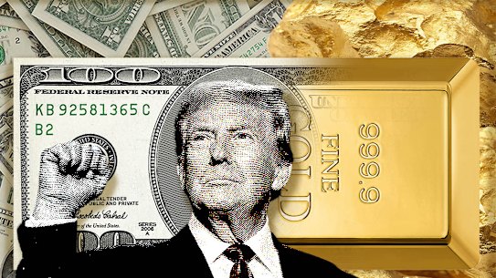 Donald Trump in front of a US dollar bill and gold bar