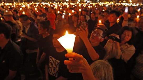 Thousands of people attend a candlelight vigil for victims of the Chinese government’s brutal military crackdown in Hong Kong in 2019. The last time it was allowed to take place.