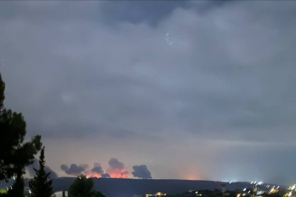 Images shared on social media of Israeli airstrikes on Hezbollah targets in southern Lebanon.