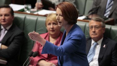 Tea towels with the words of former prime minister Julia Gillard's famous misogyny speech are on sale at the ALP national conference in Melbourne.