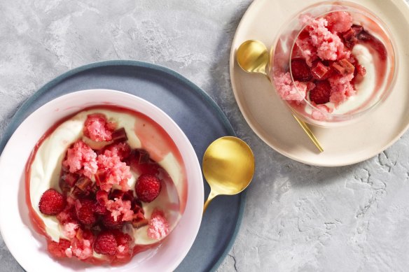 Poached rhubarb, raspberries, yoghurt and rose granita.