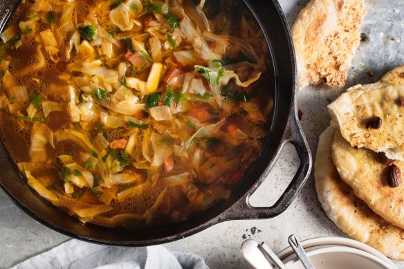 Chorizo cabbage soup goes really well with our pita bread.