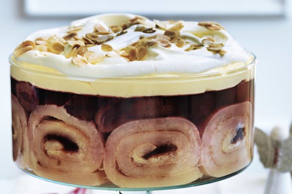 Trifle with deeply flavoured blood plum jelly and thick brandy-spiked custard.