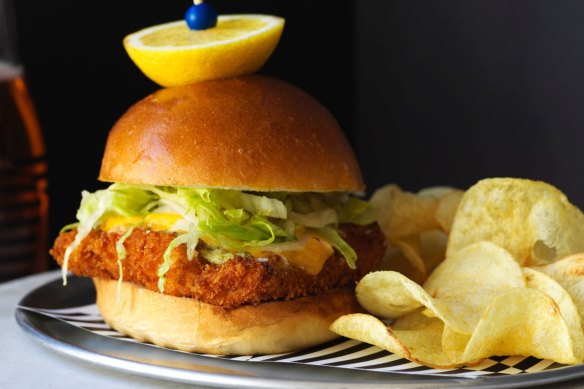 BBPB's crispy fish sandwich with crisps. 