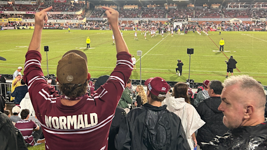 A Manly fan at Brookvale Oval lets Daly Cherry-Evans know what he thinks about his defection to the Roosters. 