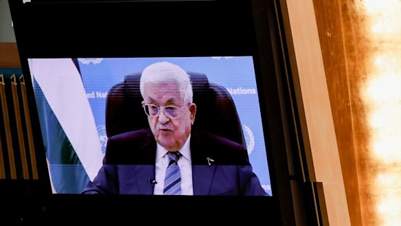 Palestinian Authority president Mahmoud Abbas speaks to the UN General Assembly via a recording.