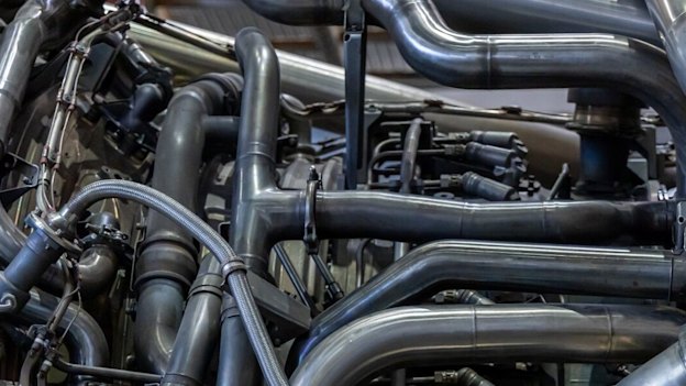 The bleed air ducts of a jet engine.