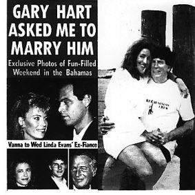 A 1987 with Donna Rice pictured sitting connected  the thigh  of a smiling US Senator Gary Hart.