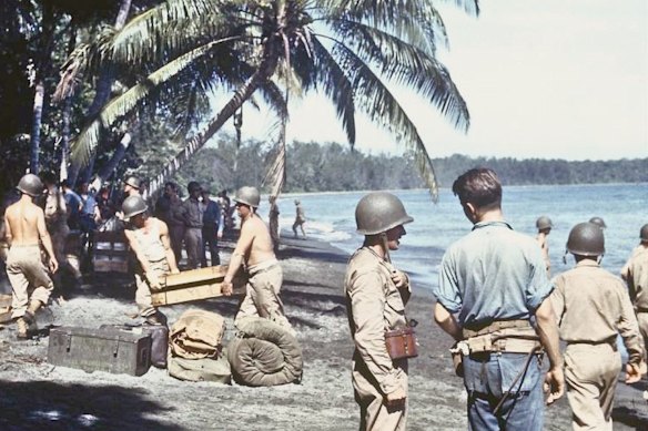 American troops unload supplies on Guadalcanal Island in 1943 during an offensive against Japanese forces in the Solomon Islands.   