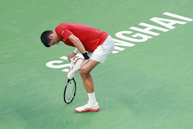 Novak Djokovic reacts during his match against Valentin Vacherot.