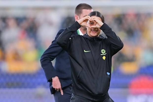 Sam Kerr gestures to the crowd at Sydney's Allianz Stadium during the Matildas' clash with South Korea in April 2025.
