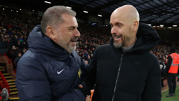 Manager Erik ten Hag of Manchester United greets manager Ange Postecoglou of Tottenham Hotspur.