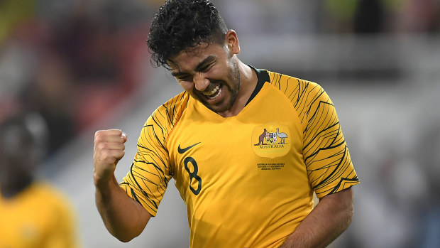 Massimo Luongo of Australia celebrates scoring his teams first goal during the International Friendly match between the Australian Socceroos and Korea Republic at Suncorp Stadium on November 17, 2018 in Brisbane, Australia. (Photo by Albert Perez/Getty Images)