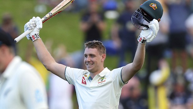 Cameron Green of Australia celebrates his century during day one of the First Test in the series between New Zealand and Australia at Basin Reserve