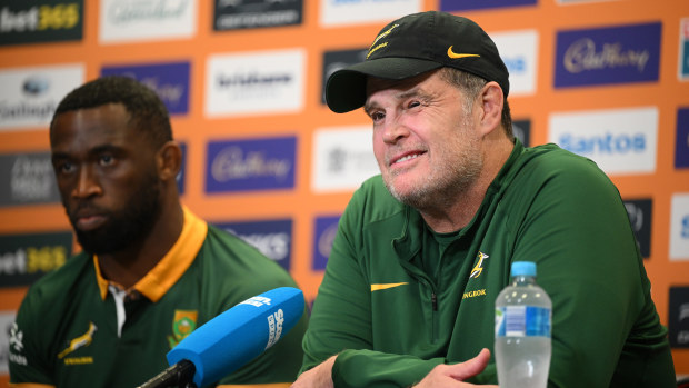 Rassie Erasmus speaks during a press conference at Suncorp Stadium.