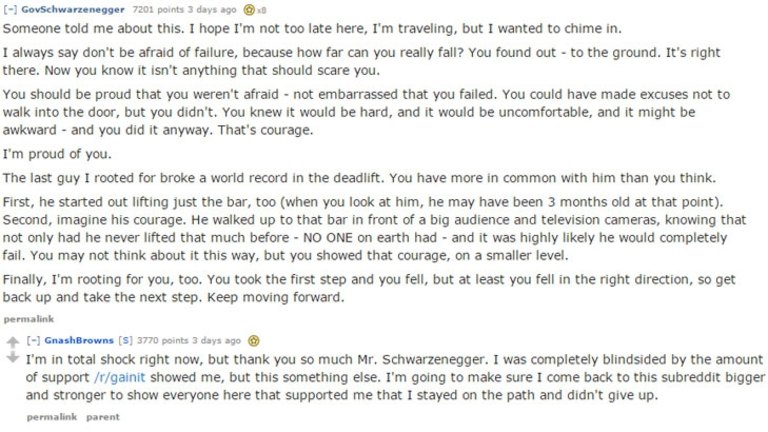 'Wees niet bang om te falen': Arnie's inspirerende post aan de tiener op Reddit. 