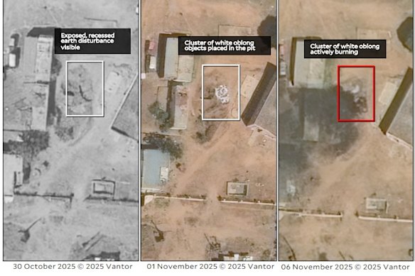 Satellite imagery taken between October 30 and November 13 at the Saudi Hospital in El Fasher shows a newly dug pit, objects placed in the pit, and the objects actively burning.