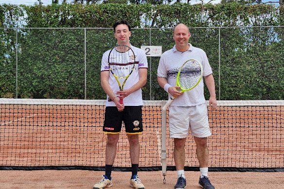 Winner George Batziakas and ex-treasurer Josh Frydenberg, who retired hurt from the Family and Social grand final at South Hawthorn Tennis Club.