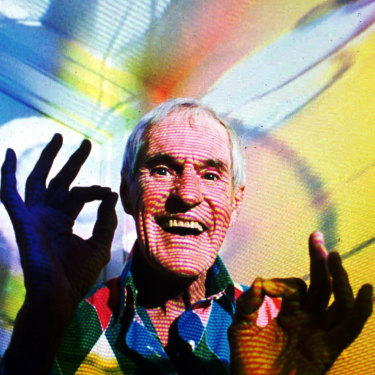 Timothy Leary, the former LSD experimenter, in his home in California in 1992 with video images projected over him. Leary died of cancer in 1996.