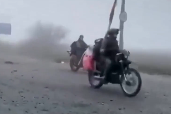 Screenshots from a video published by Russian war bloggers shows Russians entering Pokrovsk via a foggy road. The location was independently verified by Reuters.