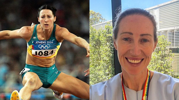 Jana Pittman competing at the 2004 Olympic Games, and as a doctor today.