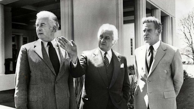 Prime minister Gough Whitlam, Sir John Kerr and senator Ken Wriedt in 1975, months before the Dismissal.