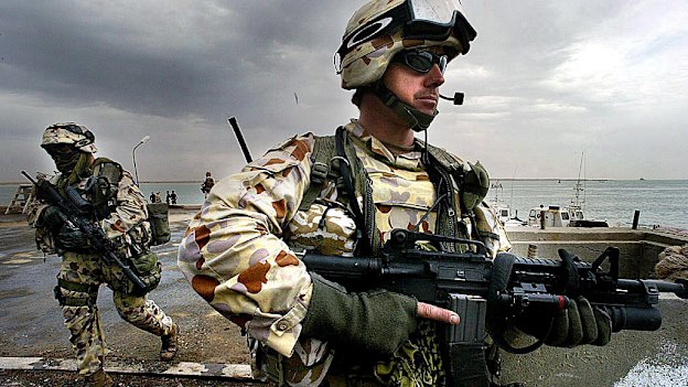 Australian navy divers on watch patrol at the port of Umm Qasr which has been secured by Coalition forces in 2003.