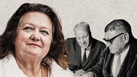 Gina Rinehart’s company Hancock Prospecting, started by her father Lang Hancock (far right), will have to pay the descendants of Peter Wright (centre).