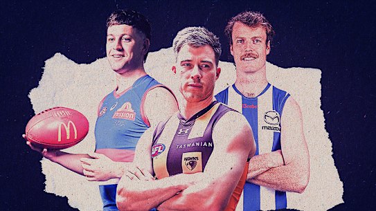 Big games against former clubs in 2027: (from left) Western Bulldog Zak Butters, Hawthorn’s Zach Merrett and North Melbourne’s Nick Blakey.
