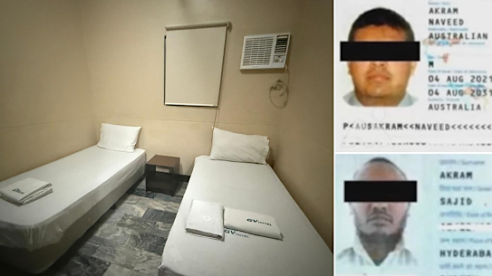 The hotel room in which Sajid and Naveed Akram stayed in Davao, Philippines; Passport photos of the alleged Bondi terrorists. 